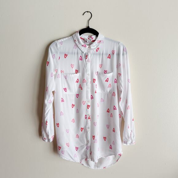 Joules White + Pink Heart Print Elvina Button Down Woven Love Valentines Blouse - Picture 2 of 10
